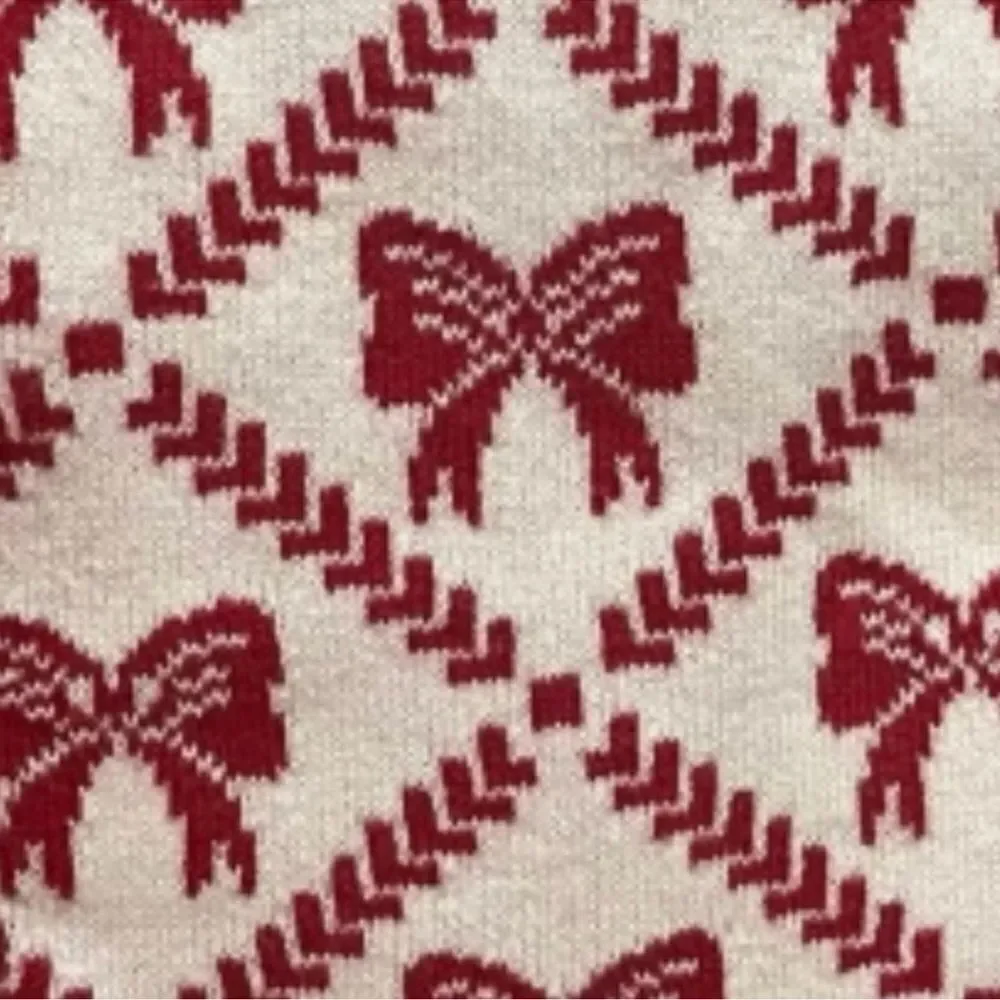 cupcakes & cashmere 3 Tea Towels Ivory Tan Red Christmas Bow Tie Cotton Knit